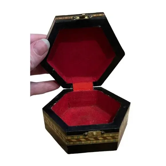 VTG Octagonal Lidded Trinket Jewelry Keepsake Box Red Inside Marquetry Inlaid - Picture 6 of 8